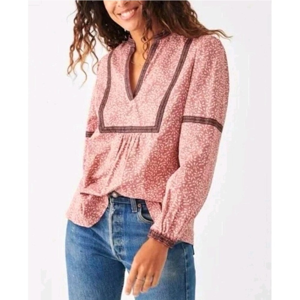 ⁠Faherty Aurora Top Womens XL Pink Mauve Leaf Batik Organic Cotton Boho Blouse⁠
